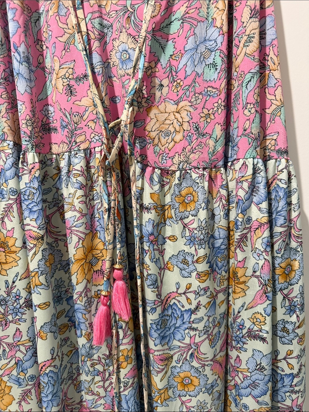 Floral Tiered Boho Maxi Dress in Pink, Blue & Yellow